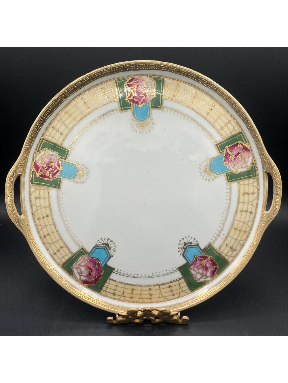 Antique Hand Painted Nippon Imperial Handled Plate Tray Gold Enamel Art Nouveau